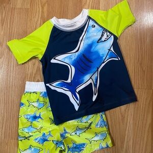 Toddler Boys Blue & Neon green  Shark Rash
Guard & Swim Trunks Set size 2T